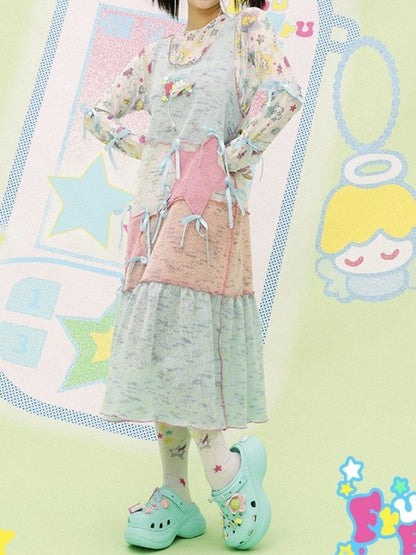 Pastel color patchwork medium dress X2189