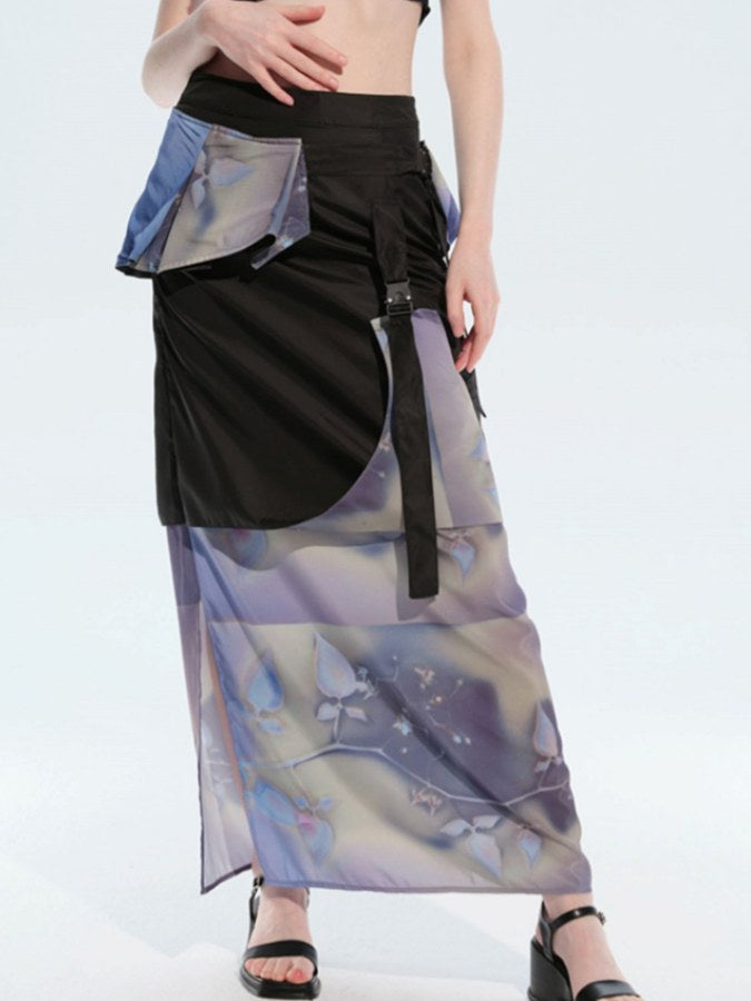 Graphic print design slit midi skirt X2175