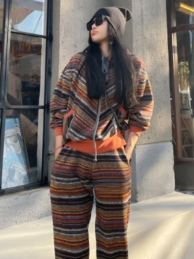 Colorful multi-stripe pattern long sleeve hoodie loose straight long pants X2518