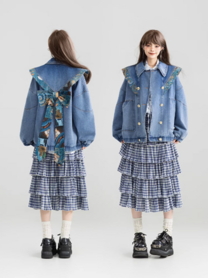 Design color back ribbon denim jacket X3007