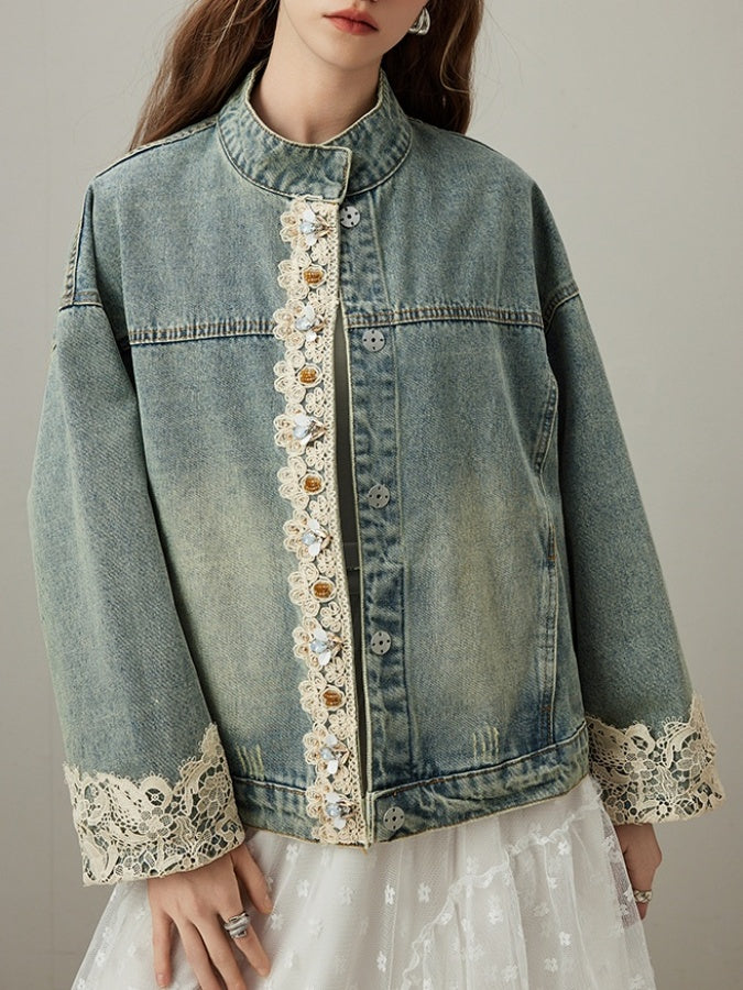 Stand collar lace edge denim jacket X3023