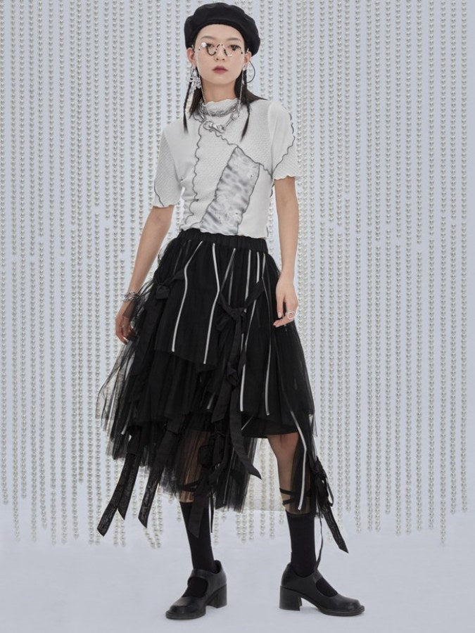 バイカラーメッシュミディアムAラインスカート　X2179