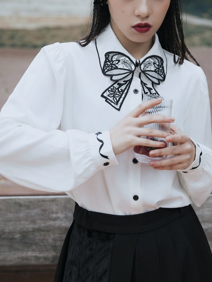 Monotone ribbon embroidery decoration shirt X2462