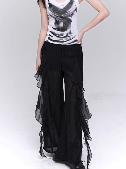 See-through frill casual pants X2776