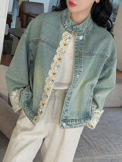 Stand collar lace edge denim jacket X3023