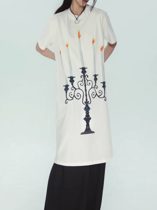 Candle print long T-shirt X2378