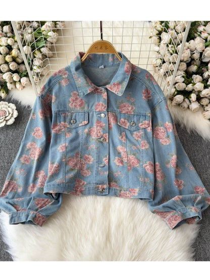 Retro rose print cropped denim jacket X3013