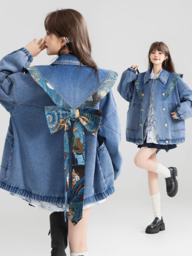 Design color back ribbon denim jacket X3007