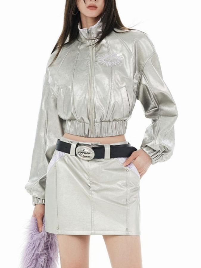 Y2K Metallic Silver Cropped Jacket X2453