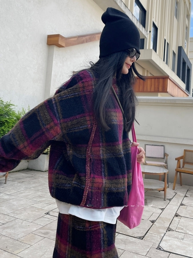 Warm check pullover/mini skirt/setup X2517