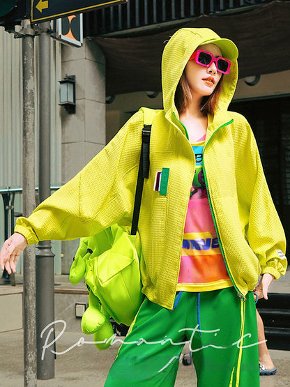 Dopamine Neon Letter Applique Waffle Oversized Hooded Jacket　X3658