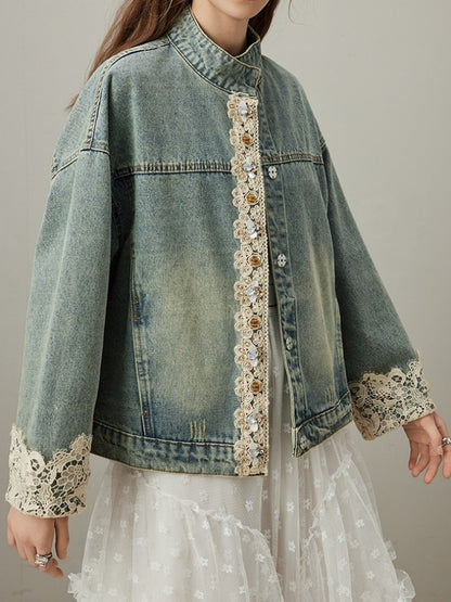 Stand collar lace edge denim jacket X3023