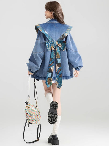 Design color back ribbon denim jacket X3007