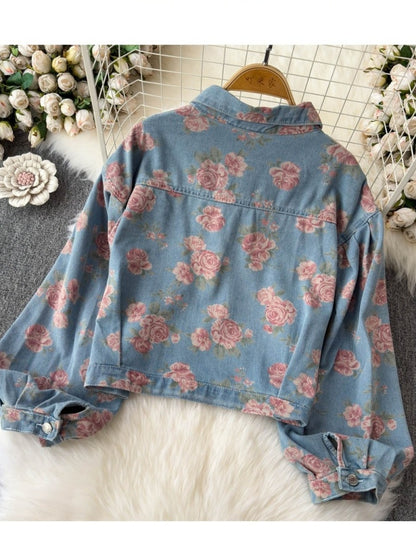 Retro rose print cropped denim jacket X3013