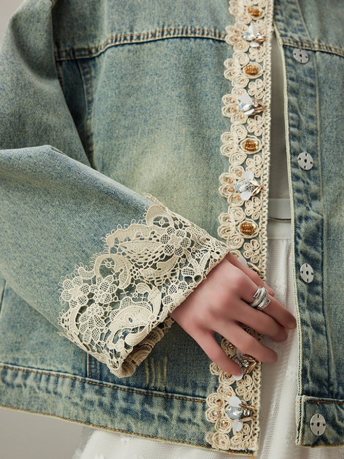 Stand collar lace edge denim jacket X3023