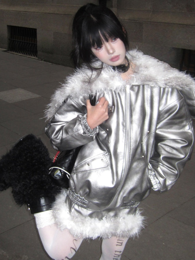 Metallic Silver Fur Jacket　X2960