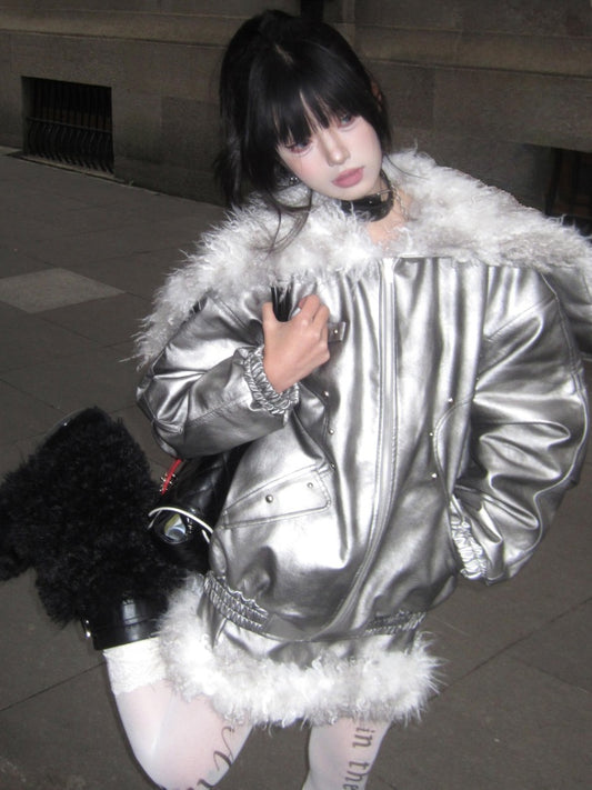 Metallic silver fur jacket X2960