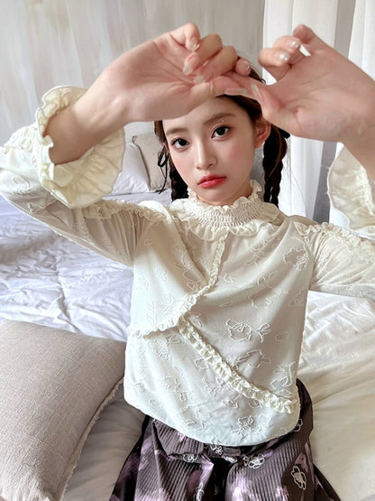 Mock neck ruffle jacquard bottoming shirt X2515