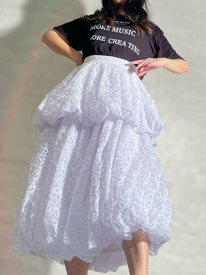 フラワーメッシュボリュームミディアムスカート　X2393