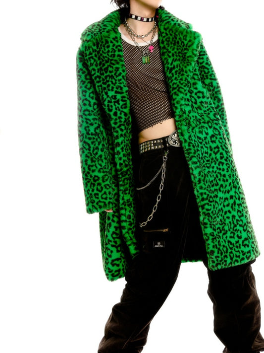 Green leopard fur coat X2626