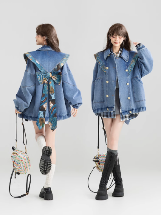 Design color back ribbon denim jacket X3007