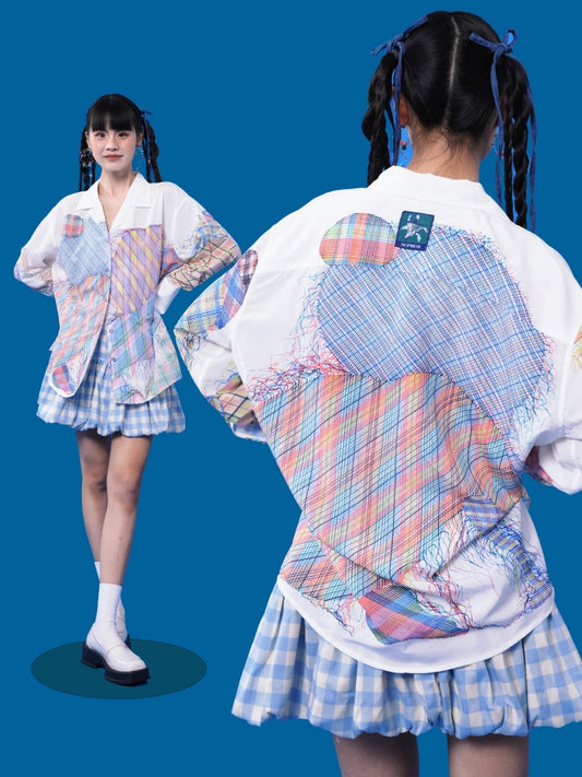 Colorful check asymmetrical shirt X3017