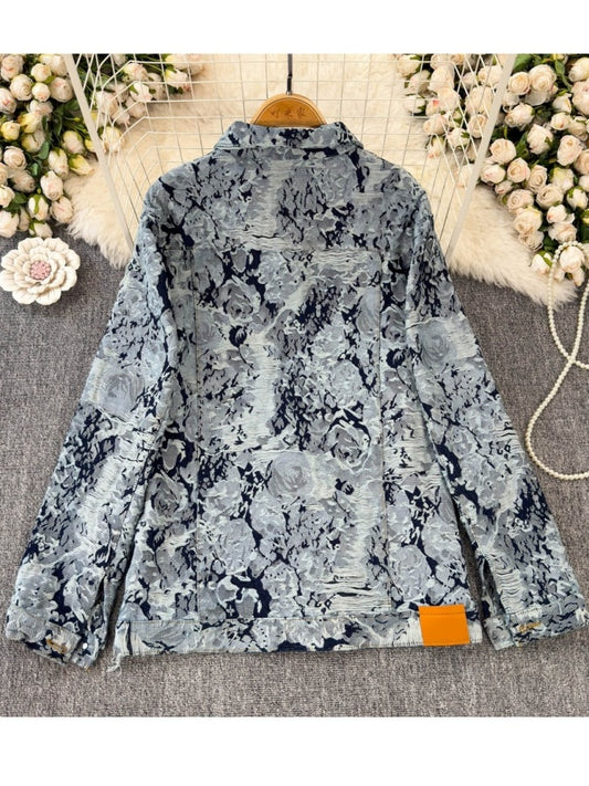 Retro flower jacquard denim jacket X3015