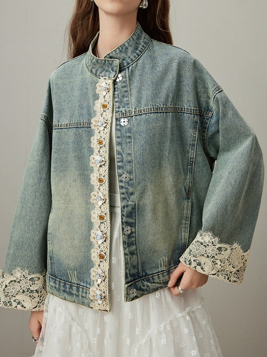 Stand collar lace edge denim jacket X3023