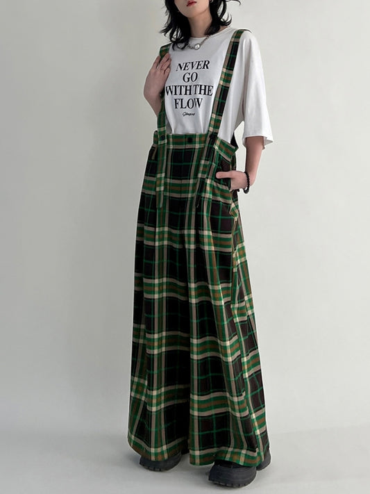 Green Check Pattern Loose Suspender Pants X2382