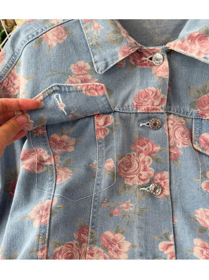 Retro rose print cropped denim jacket X3013