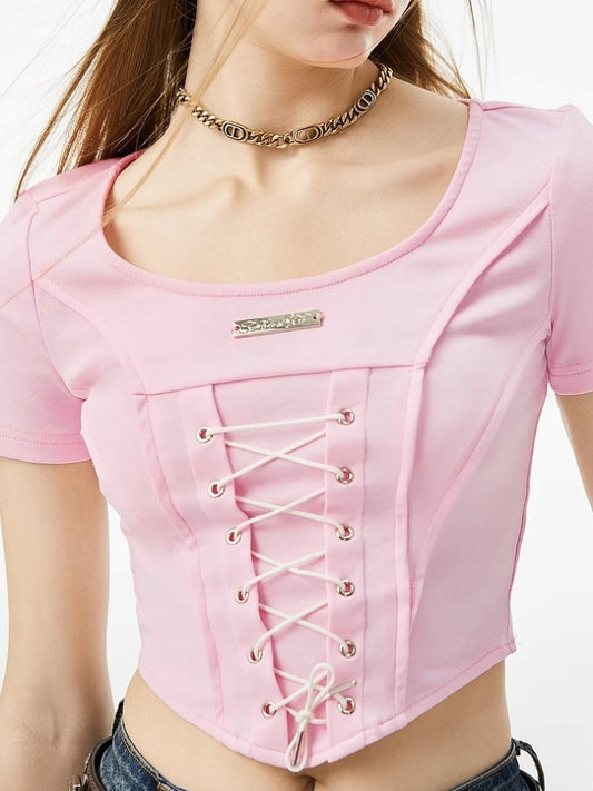 Lace-up wide round neck T-shirt X2400