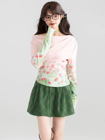 Gradient Flower Boat Neck Long T-Shirt X3009