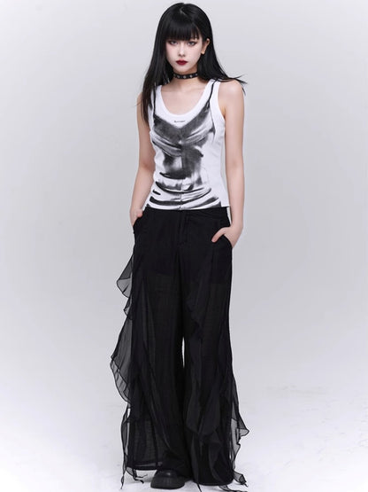 See-through frill casual pants X2776