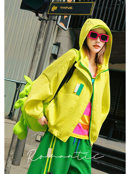 Dopamine Neon Letter Applique Waffle Oversized Hooded Jacket　X3658