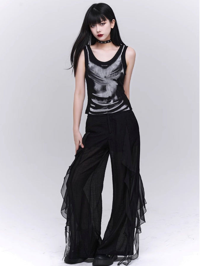 See-through frill casual pants X2776