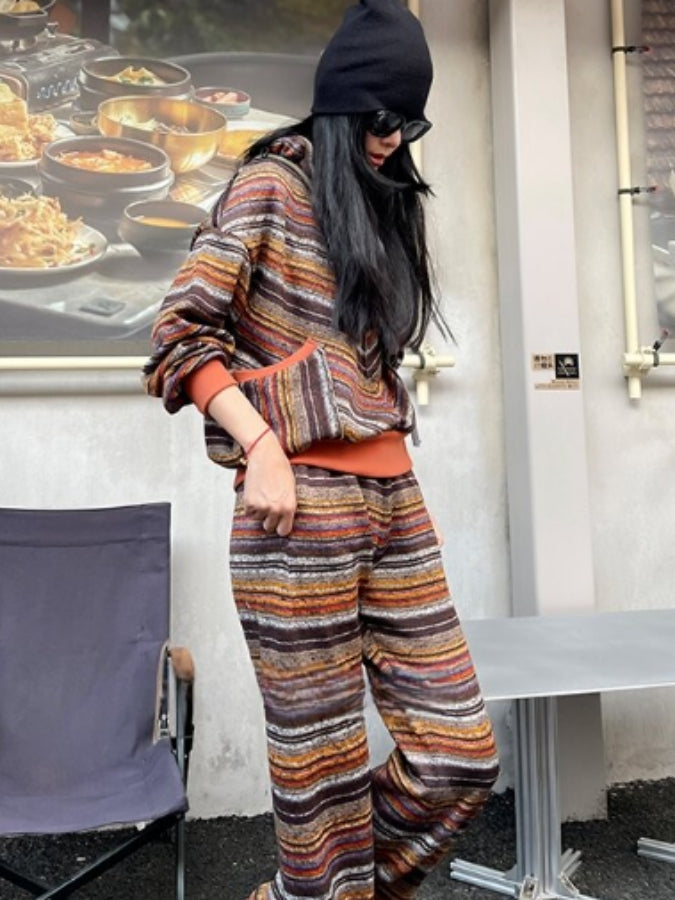 Colorful multi-stripe pattern long sleeve hoodie loose straight long pants X2518