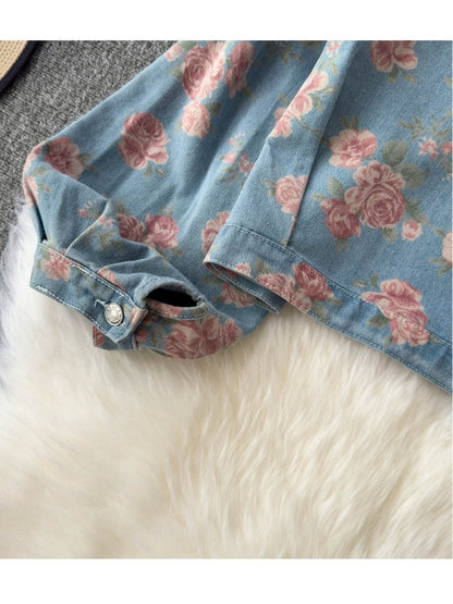 Retro rose print cropped denim jacket X3013