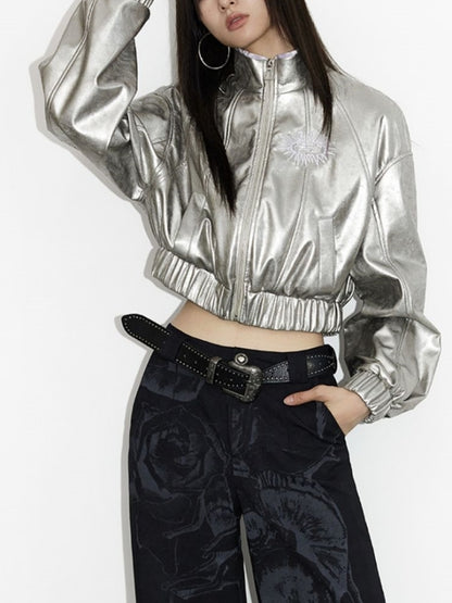 Y2K Metallic Silver Cropped Jacket X2453