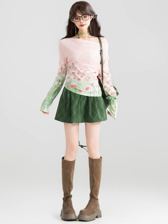 Gradient Flower Boat Neck Long T-Shirt X3009