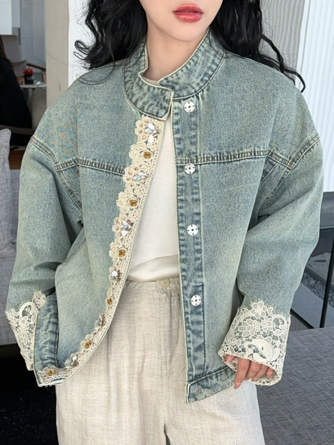 Stand collar lace edge denim jacket X3023