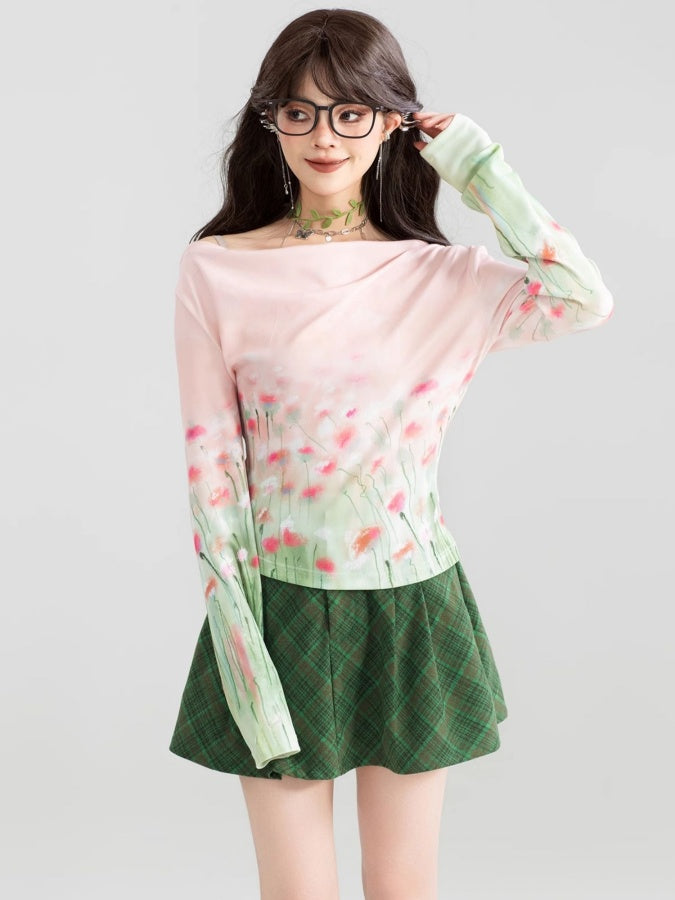 Gradient Flower Boat Neck Long T-Shirt X3009