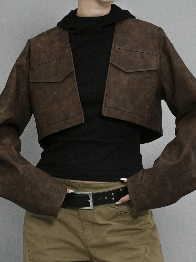 Retro collarless crop rider jacket X2432