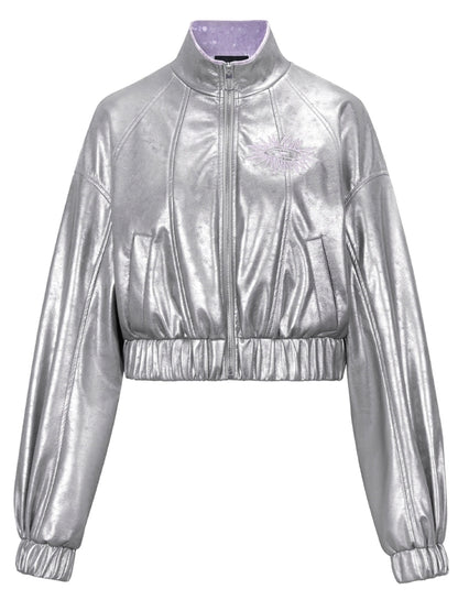 Y2K Metallic Silver Cropped Jacket X2453