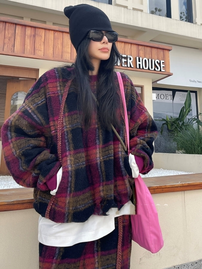 Warm check pullover/mini skirt/setup X2517