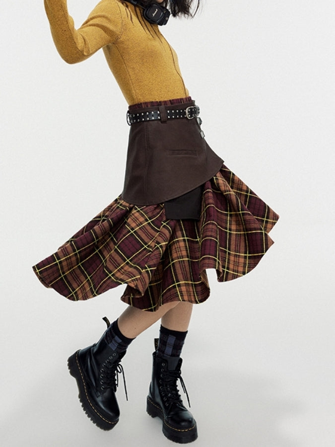 Layered check medium skirt X2458