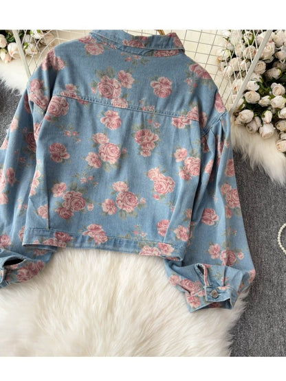 Retro rose print cropped denim jacket X3013