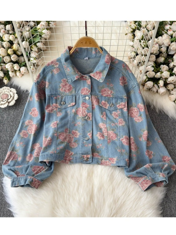 Retro rose print cropped denim jacket X3013