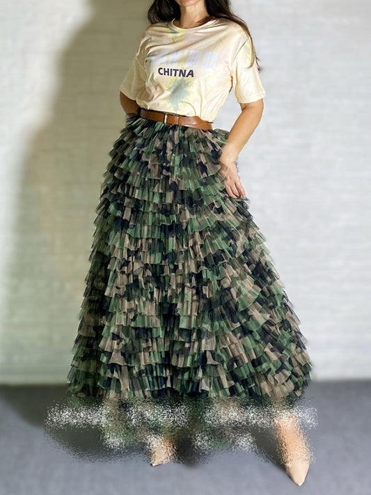 Camouflage mesh flare long skirt X2394