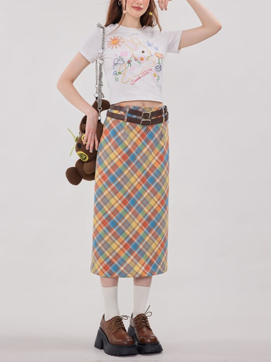 Retro Check Patterned Slim Skirt　X2428