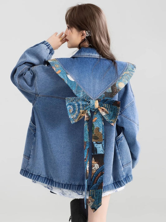 Design color back ribbon denim jacket X3007